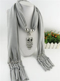 Women Scarf necklace with Silver Jewelry Owl Pendant charm
