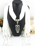 Women Scarf necklace with Silver Jewelry Owl Pendant charm