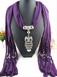 Women Scarf necklace with Silver Jewelry Owl Pendant charm