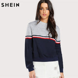 SHEIN Striped Woven Tape Detail Two Tone Sweatshirt Women Casual Pullovers Color Block Long Sleeve Sweatshirts