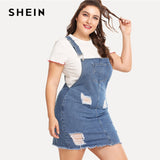 SHEIN Hem Distressed Denim Overall Dress 2018 Summer Straps Sleeveless Ripped Clothing Women Plus Size Casual Denim Dress
