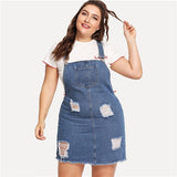 SHEIN Hem Distressed Denim Overall Dress 2018 Summer Straps Sleeveless Ripped Clothing Women Plus Size Casual Denim Dress