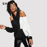 SHEIN Multicolor Casual Colorblock Cold Shoulder Hoodie Sweatshirt Women Autumn Minimalis Campus Pullovers Sweatshirts