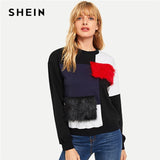 SHEIN Multicolor Cut and Sew Faux Fur Sweatshirt Patchwork Round Neck Long Sleeve Sweatshirts Women Autumn Pullovers Sweatshirt