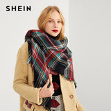 SHEIN Multicolor Frayed Trim Plaid Scarf Highstreet Modern Lady Streetwear Blanket Warp Shawls Women Basic Autumn Scarves
