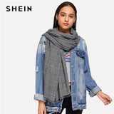 SHEIN Grey Frayed Trim Plaid Scarf Casual Minimalist Blanket Warp Shawls Women Modern Lady Basic Autumn Long Warm Scarves