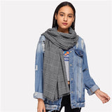SHEIN Grey Frayed Trim Plaid Scarf Casual Minimalist Blanket Warp Shawls Women Modern Lady Basic Autumn Long Warm Scarves