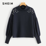 SHEIN Navy Elegant Preppy Mock Neck Pearl Embellished Drop Shoulder Solid Sweatshirt 2018 Autumn Casual Campus Women Sweatshirts