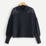 SHEIN Navy Elegant Preppy Mock Neck Pearl Embellished Drop Shoulder Solid Sweatshirt 2018 Autumn Casual Campus Women Sweatshirts