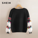 SHEIN Black Faux Fur Fringe Contrast Tassel Pom Pom Round Neck Pullover Autumn Women Streetwear Campus Pullovers Sweatshirt