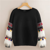 SHEIN Black Faux Fur Fringe Contrast Tassel Pom Pom Round Neck Pullover Autumn Women Streetwear Campus Pullovers Sweatshirt