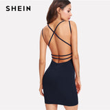 SHEIN Night Out Black Modern Lady Deep V Neck Strappy Backless Fitted Cami Bodycon Slim Dress Women Autumn Plain Party Dress