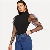 SHEIN Going Out Highstreet Black Mesh Gigot Sleeve High Neck Fitted Top 2018 Autumn Casual Women Modern Lady Tshirt Top
