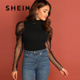 SHEIN Going Out Highstreet Black Mesh Gigot Sleeve High Neck Fitted Top 2018 Autumn Casual Women Modern Lady Tshirt Top