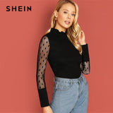 SHEIN Highstreet Frilled Neckline Polka Dot Stand Collar Contrast Mesh Tee 2019 Spring Casual Women Modern Lady Tshirt Top