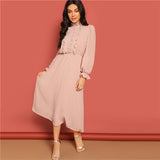 SHEIN Pink Frill and Lace Trim Half Placket Dot Jacquard Stand Collar Dress Autumn Women Long Sleeve Solid Arabian Dresses