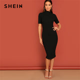 SHEIN Black Mock Neck Rib-knit Pencil Stretchy Knee Length Bodycon Dress Solid Dress Women 2019 Spring Short Sleeve Casual Dress
