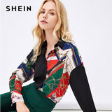 SHEIN Multicolor Collar Button Scarf Floral Print Drop Shoulder Colorblock Blouse 2019 Spring Streetwear Women Tops And Blouses