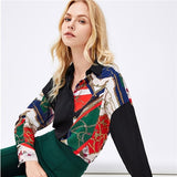 SHEIN Multicolor Collar Button Scarf Floral Print Drop Shoulder Colorblock Blouse 2019 Spring Streetwear Women Tops And Blouses