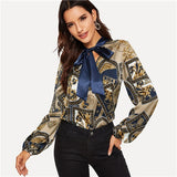 SHEIN Multicolor Tie Neck Scarf Print Satin Blouse Women 2019 Casual Clothing Spring Stand Collar Long Sleeve Workwear Blouses
