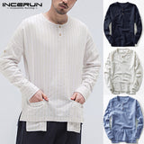INCERUN 2019 Casual Tee Tops Plain Men T Shirt Long Sleeve Crew Neck Double Pockets Shirts Man Clothing Pullover Hombre Beach