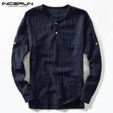 INCERUN 2019 Casual Tee Tops Plain Men T Shirt Long Sleeve Crew Neck Double Pockets Shirts Man Clothing Pullover Hombre Beach
