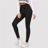 SHEIN Black Tie Waist Drawstring Solid Skinny Leggings