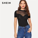 SHEIN Black Mock Neck Sweetheart Mesh Insert Slim Fitted Sexy Top Women Summer Solid High Street Short Sleeve Tshirt Tops