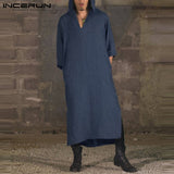 Harajuku Tee Gothic Hiphop Robe Mens Hoodies Dressing Kaftan Long Sleeve Cotton V Nevk Islamic Clothing Gown Masculina Camisas