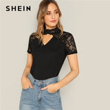SHEIN Sexy Black Floral Lace Insert V Cut Mock-Neck Tee Solid Short Sleeve T-Shirt Women 2019 Summer Sheer Elegant Tshirt Tops