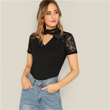 SHEIN Sexy Black Floral Lace Insert V Cut Mock-Neck Tee Solid Short Sleeve T-Shirt Women 2019 Summer Sheer Elegant Tshirt Tops