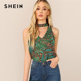 SHEIN Choker Neck Tropical And Leopard Print V Neck Sexy Summer Tops Green Casual Women Sleeveless Vacation Colorblock Tank Top