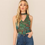 SHEIN Choker Neck Tropical And Leopard Print V Neck Sexy Summer Tops Green Casual Women Sleeveless Vacation Colorblock Tank Top
