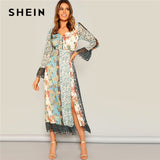 SHEIN Bohemian V Neck Flounce Sleeve Split Hem Tied V-Back Floral Maxi Dress Women Spring A Line High Waist Chiffon Dresses