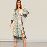 SHEIN Bohemian V Neck Flounce Sleeve Split Hem Tied V-Back Floral Maxi Dress Women Spring A Line High Waist Chiffon Dresses