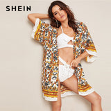 SHEIN Multicolor Boho Bell Sleeve Scarf Print Belted Kimono Women Summer Beach Vacation Three Quarter Length Sleeve Kimono