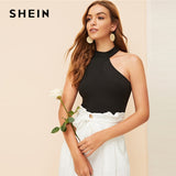 SHEIN Black Asymmetrical Shoulder Fitted Halted Plain Top Women 2019 Summer Party Minimalist Basics Slim Fit 2019 Vests