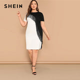 SHEIN Plus Size Fringe Front Two Tone Pencil Dress Women Summer Weekend Casual Short Sleeve Slim Colorblock Midi Dress