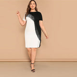 SHEIN Plus Size Fringe Front Two Tone Pencil Dress Women Summer Weekend Casual Short Sleeve Slim Colorblock Midi Dress