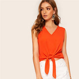 SHEIN Neon Orange Knot Front Tank Tops Women Summer V Neck Solid Weekend Casual Asymmetrical Hem Ladies Tops Woman Clothes