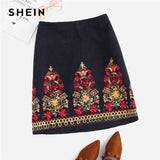 SHEIN Navy Embroidered Floral Plus Size Women A-Line Corduroy Skirts Indie Folk Style 2019 Zipper Back Boho Short Skirts