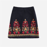 SHEIN Navy Embroidered Floral Plus Size Women A-Line Corduroy Skirts Indie Folk Style 2019 Zipper Back Boho Short Skirts