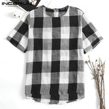 2019 Mens Clothing Mens Tee Shirt Short Sleeve Plaid T Shirts Casual Cotton Loose Retro T-shirt O Neck Lattice Masculina Camisas