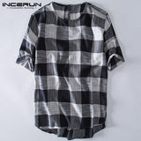2019 Mens Clothing Mens Tee Shirt Short Sleeve Plaid T Shirts Casual Cotton Loose Retro T-shirt O Neck Lattice Masculina Camisas