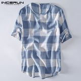 2019 Mens Clothing Mens Tee Shirt Short Sleeve Plaid T Shirts Casual Cotton Loose Retro T-shirt O Neck Lattice Masculina Camisas