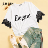 SHEIN Lace Insert Cuff Letter Print Tee 2019 Casual Summer Women Tshirt Comfortable White Short Sleeve Round Neck Top
