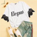 SHEIN Lace Insert Cuff Letter Print Tee 2019 Casual Summer Women Tshirt Comfortable White Short Sleeve Round Neck Top