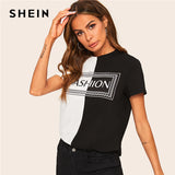 SHEIN Casual Black and White Two Tone Letter Print Tee Short Sleeve T Shirt Women Summer 2019 O-Neck Color-block Tshirt Tops