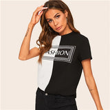 SHEIN Casual Black and White Two Tone Letter Print Tee Short Sleeve T Shirt Women Summer 2019 O-Neck Color-block Tshirt Tops